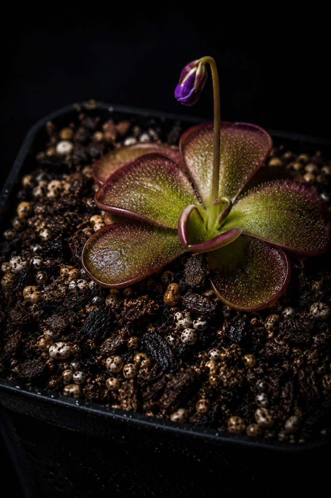 Dunkles Makro einer Pinguicula im Topf mit gut sichtbarer Karnivoren-Substratstruktur aus Torf, Perlite und mineralischen Bestandteilen