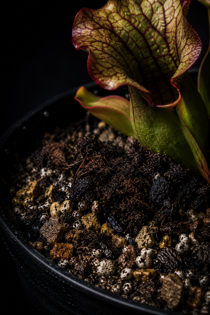 Dunkles Makro einer Sarracenia im Topf mit sichtbarer Substratstruktur aus Torf, Perlite und mineralischen Bestandteilen