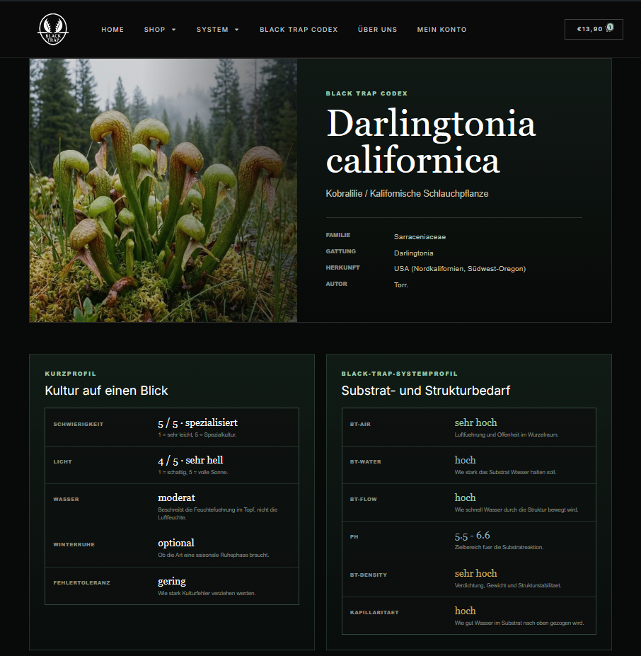 Black Trap Codex Seite zu Darlingtonia californica mit Habitatbild, Kulturprofil und Substratprofil der Kobralilie.