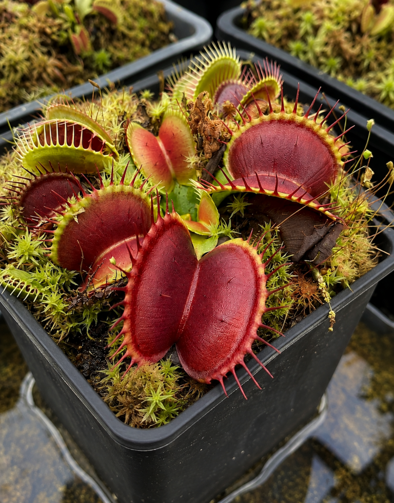 Dionaea muscipula ‘B52’ mit großen dunkelroten Fallen in schwarzem Kulturtopf