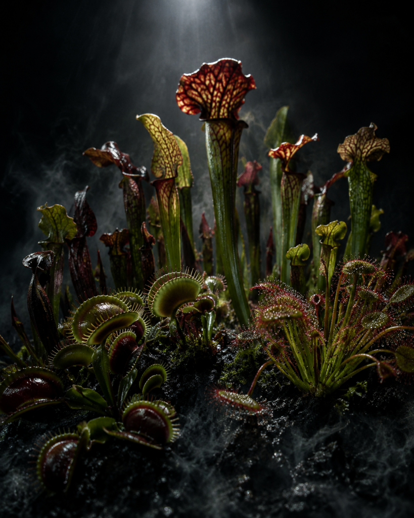 Sarracenia, Venusfliegenfalle und Sonnentau wachsen dicht beieinander aus dunklem Substrat, beleuchtet von einem einzelnen Lichtstrahl von oben