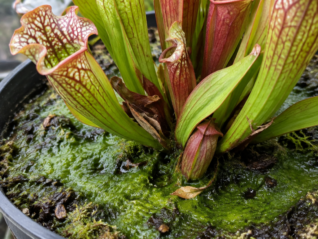 Eine Sarracenia im Topf mit sichtbarem grünem Algenbelag auf der feuchten Substratoberfläche