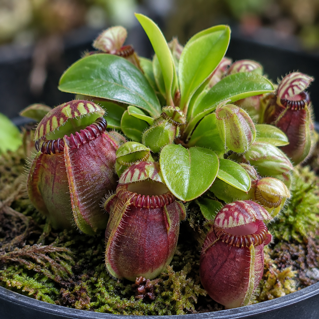 Cephalotus follicularis mit mehreren kräftig gefärbten, gesund wirkenden Kannen und frischen Blättern im Topf