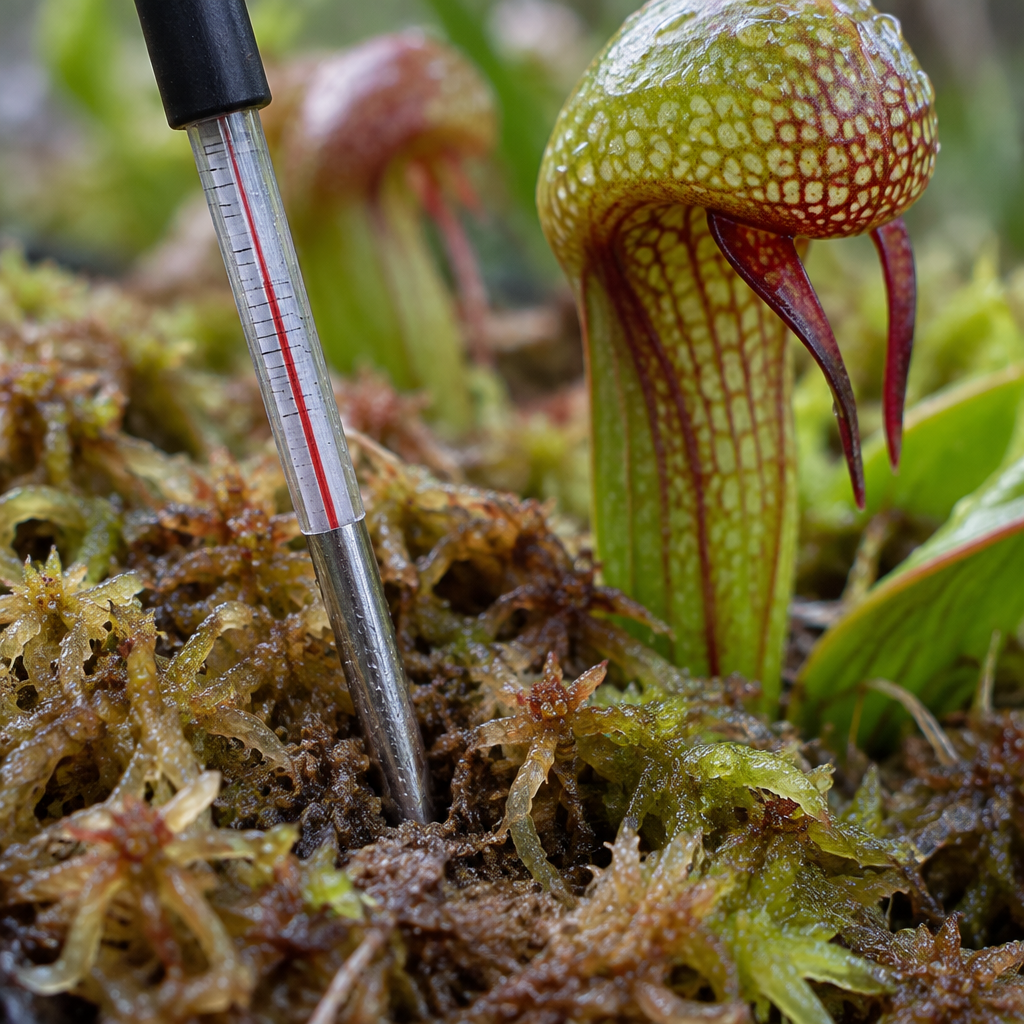 Ein dünner Thermometer-Messfühler steckt im feuchten Sphagnum-Substrat am Wurzelbereich einer Darlingtonia californica