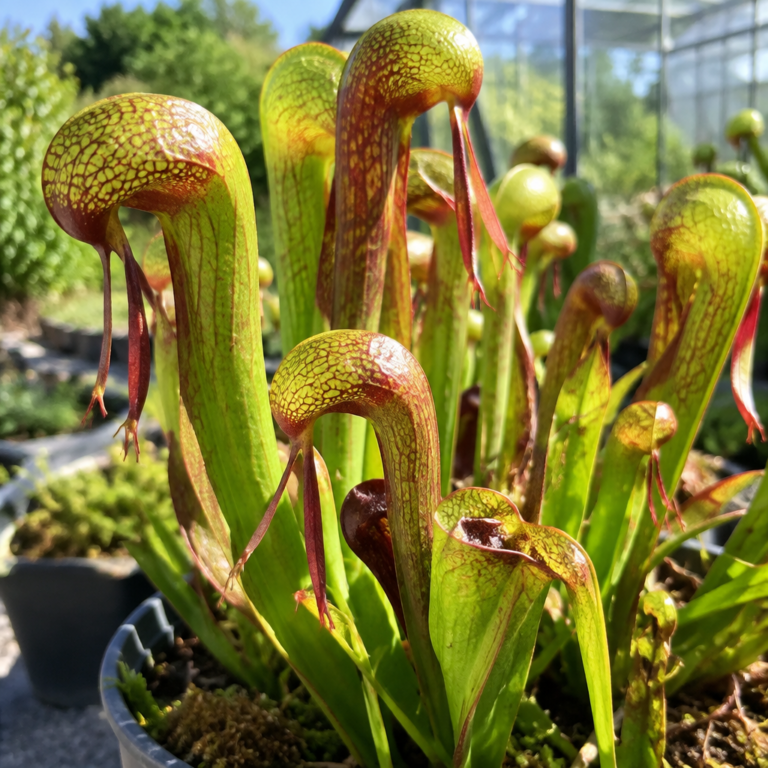Darlingtonia californica mit mehreren kobrakopfartigen Kannen im Topf an einem sonnigen Sommertag
