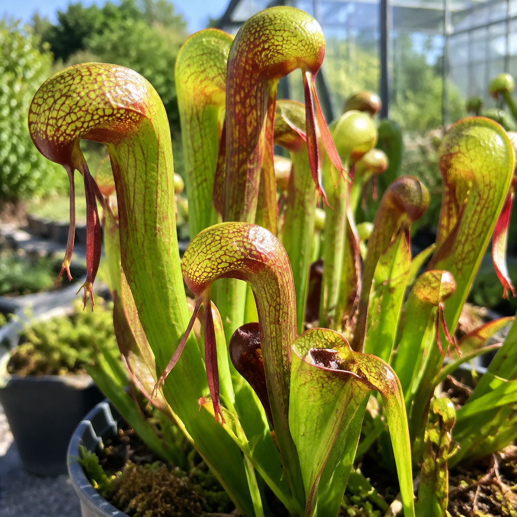 Darlingtonia californica mit mehreren kobrakopfartigen Kannen im Topf an einem sonnigen Sommertag