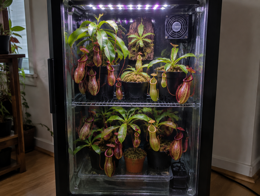 Ein umgebauter Glastürkühlschrank mit LED-Beleuchtung, Lüfter und mehreren Nepenthes-Kannenpflanzen im Inneren