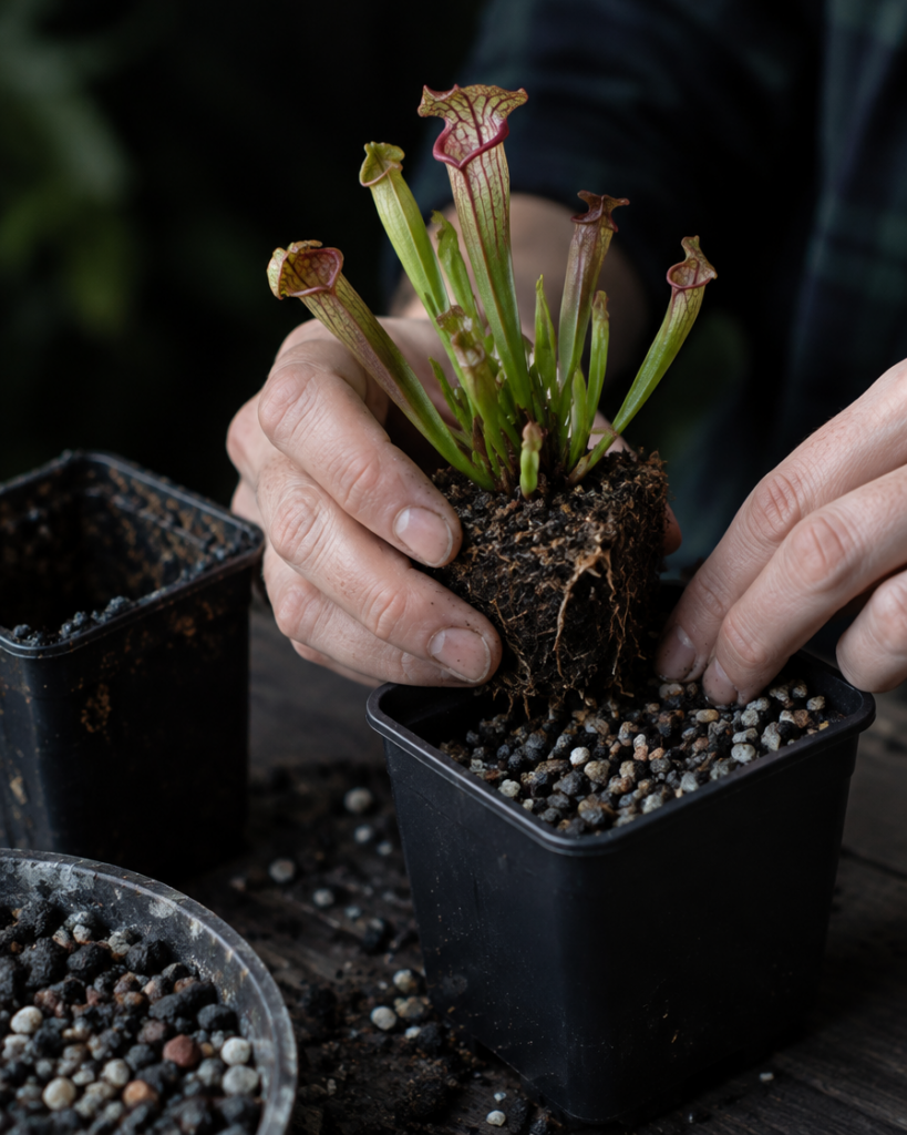 Hände topfen eine Sarracenia mit Wurzelballen aus einem alten Topf in einen neuen Topf mit frischem mineralischem Substrat um