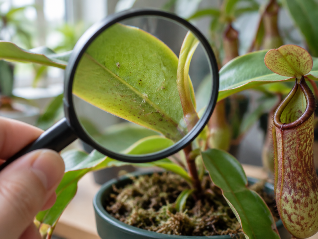 Eine Hand hält eine Lupe an die Unterseite eines Nepenthes-Blattes und den jungen Trieb zur Schädlingskontrolle