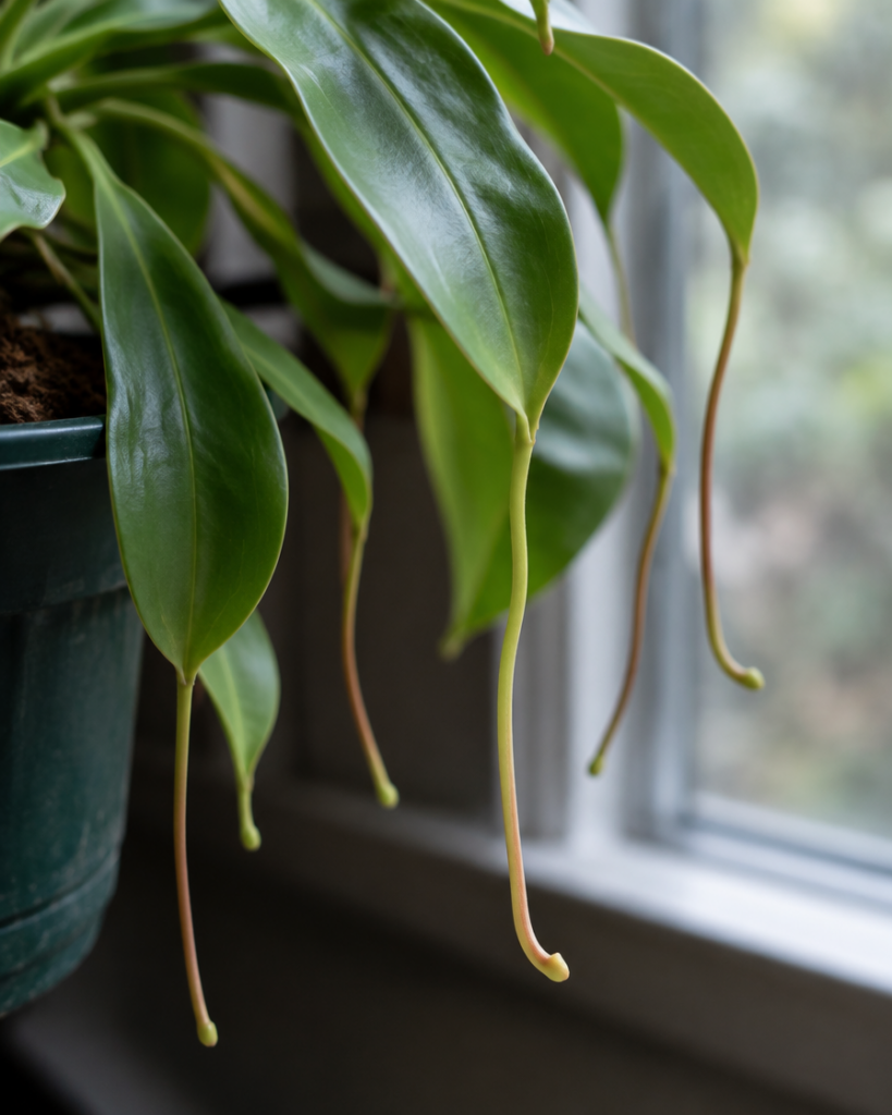 Nepenthes am Fenster mit mehreren gesunden grünen Blättern, deren Ranken an der Spitze keine Kannen ausbilden