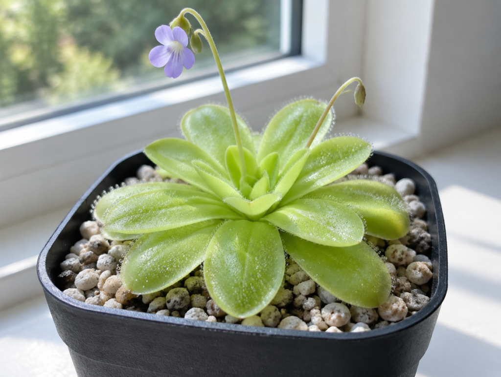 Mexikanisches Fettkraut Pinguicula mit heller Blattrosette in einem Topf mit mineralischem Kiessubstrat auf einer Fensterbank