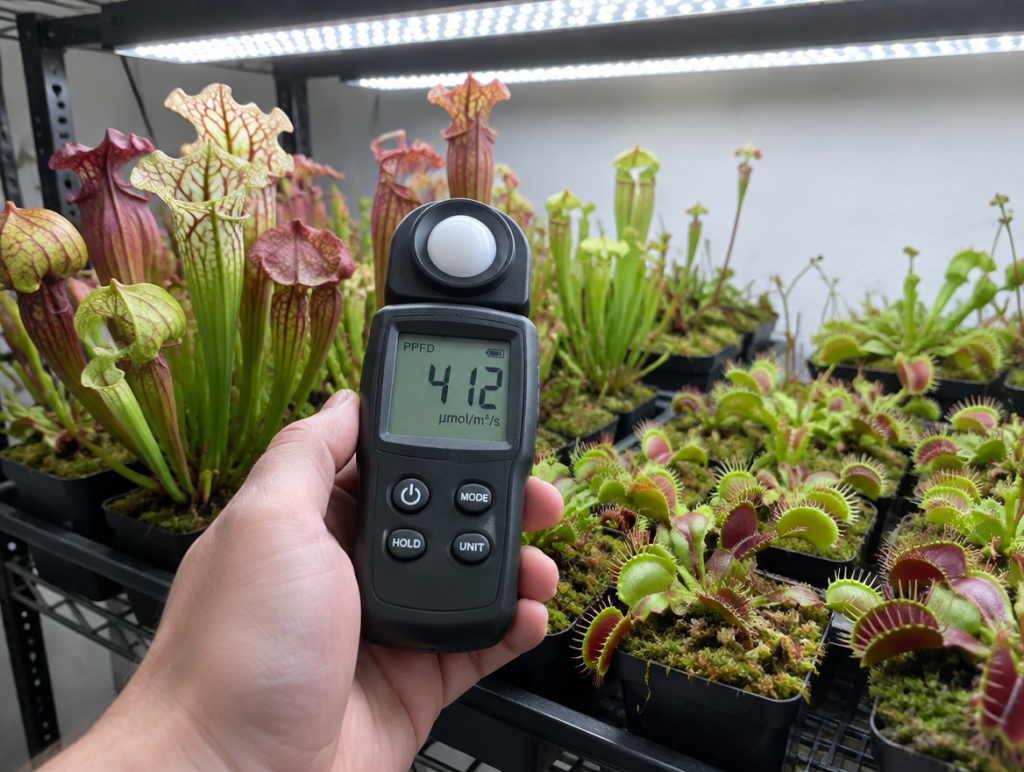 Ein PPFD-Messgerät zeigt einen Messwert in Blatthöhe über Sarracenia und Dionaea unter einer LED-Pflanzenlampe
