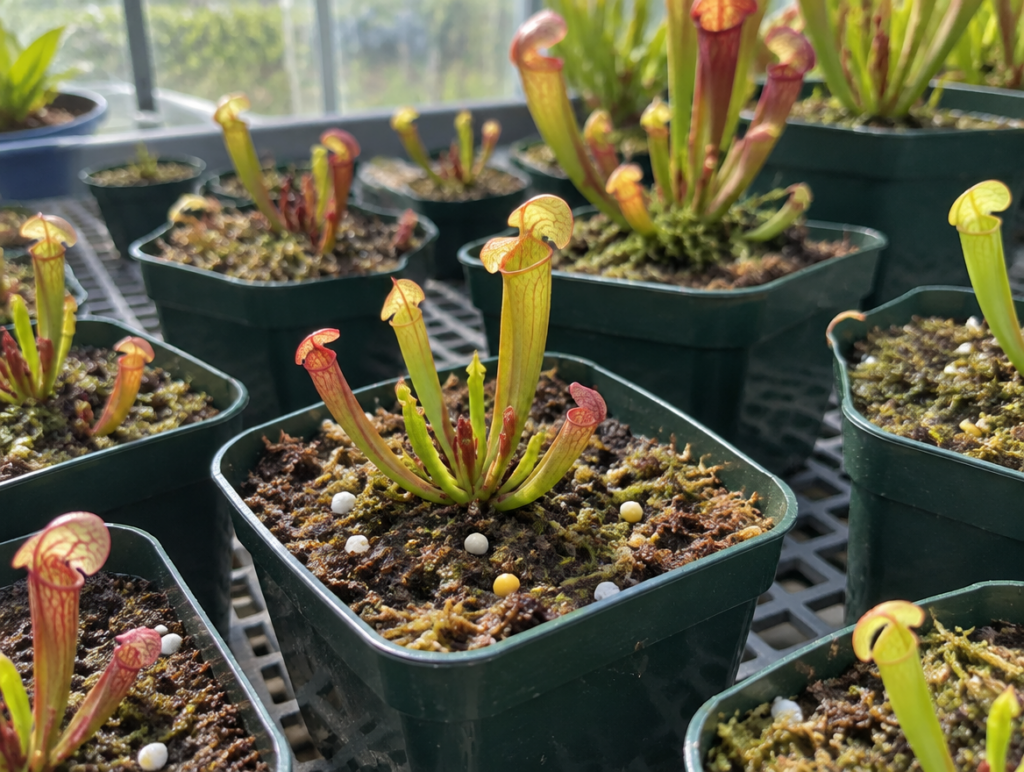 Junge Sarracenia-Sämlinge mit kleinen Kannen in Töpfen auf einer Gewächshausbank, einige Langzeitdünger-Körner auf der Substratoberfläche