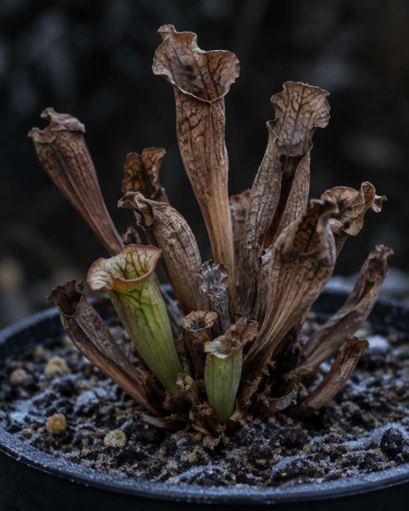 Sarracenia im Topf mit mineralischem Substrat in Winterruhe: die meisten Schläuche sind braun und vertrocknet, zwei junge Schläuche an der Basis sind noch grün