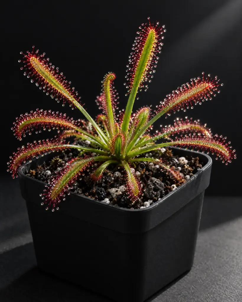 Kap-Sonnentau (Drosera capensis) im Topf mit Karnivoren-Substrat, Klebetau im Gegenlicht