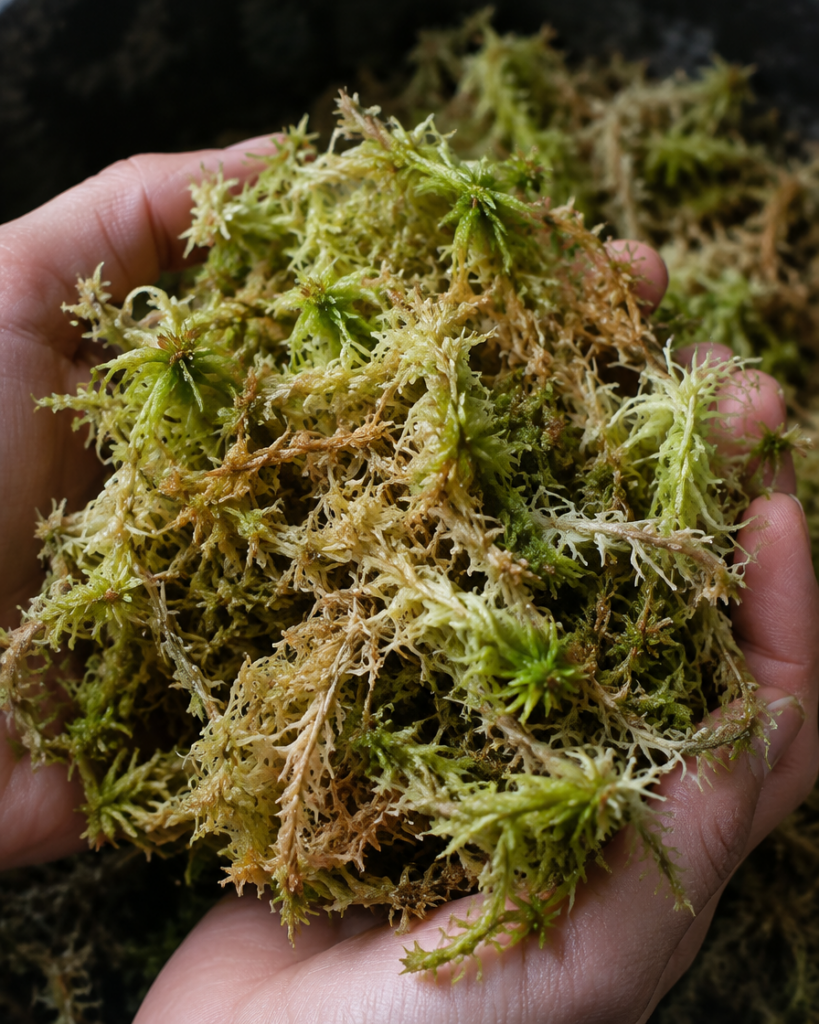 Zwei Hände halten eine Portion lockeres, kultiviertes Sphagnum-Moos in grün-beigen Farbtönen