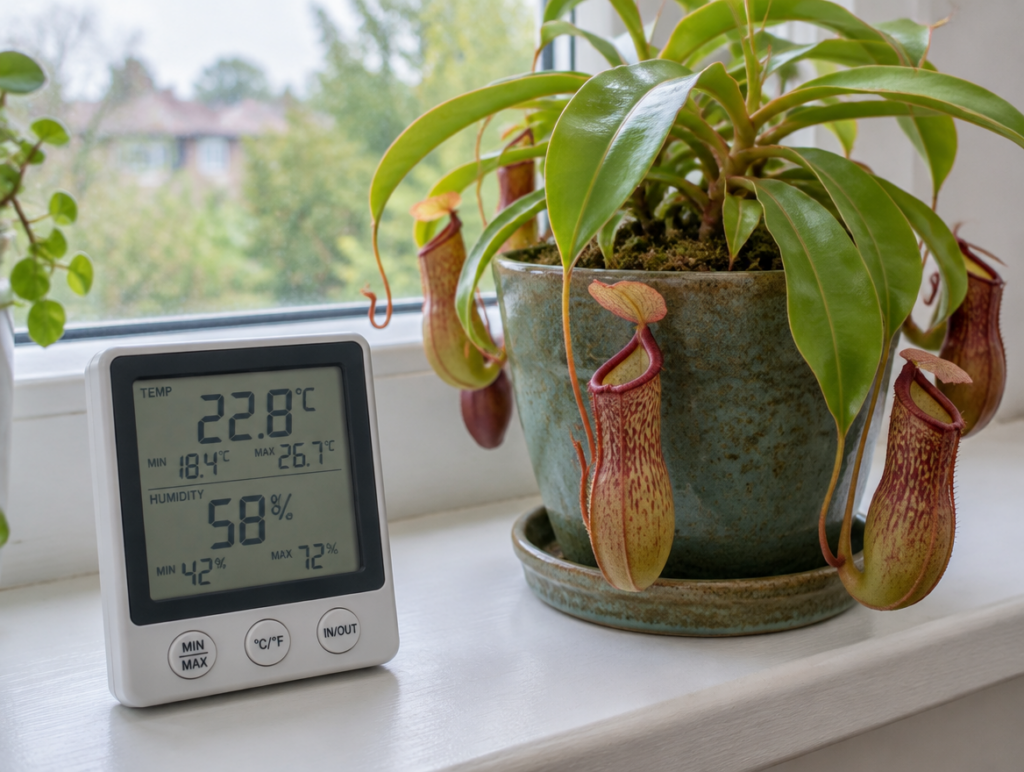 Ein digitales Min-Max-Thermometer und Hygrometer steht neben einer Nepenthes-Kannenpflanze auf einer Fensterbank