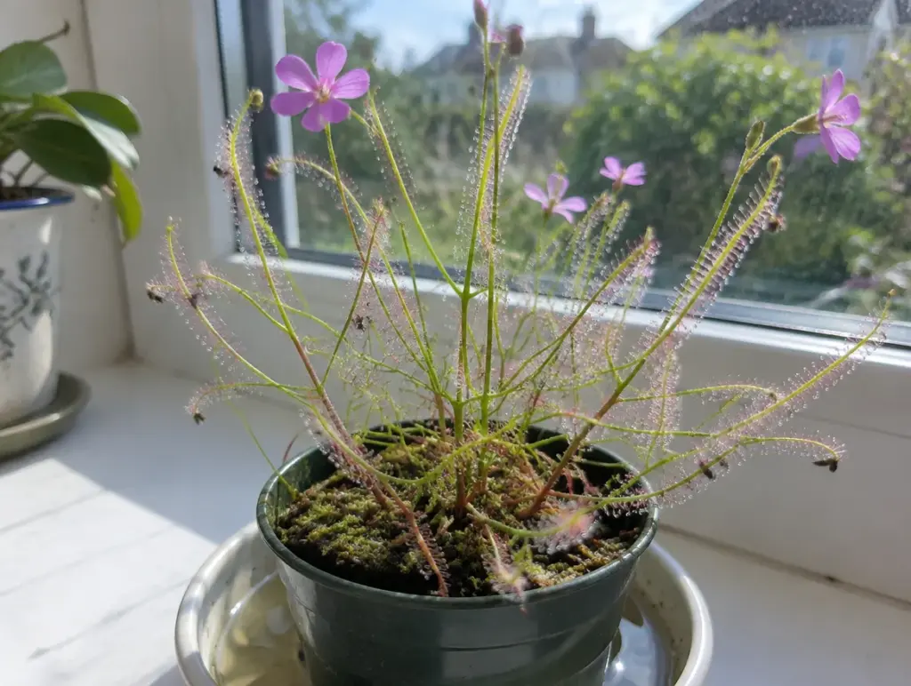 Byblis (Regenbogenpflanze) in einem grünen Plastiktopf auf einer Fensterbank, lange schmale, taubesetzte Blätter und mehrere rosa Blüten an dünnen Stielen, der Topf steht in einer Schale mit Wasser vor einem sonnigen Fenster