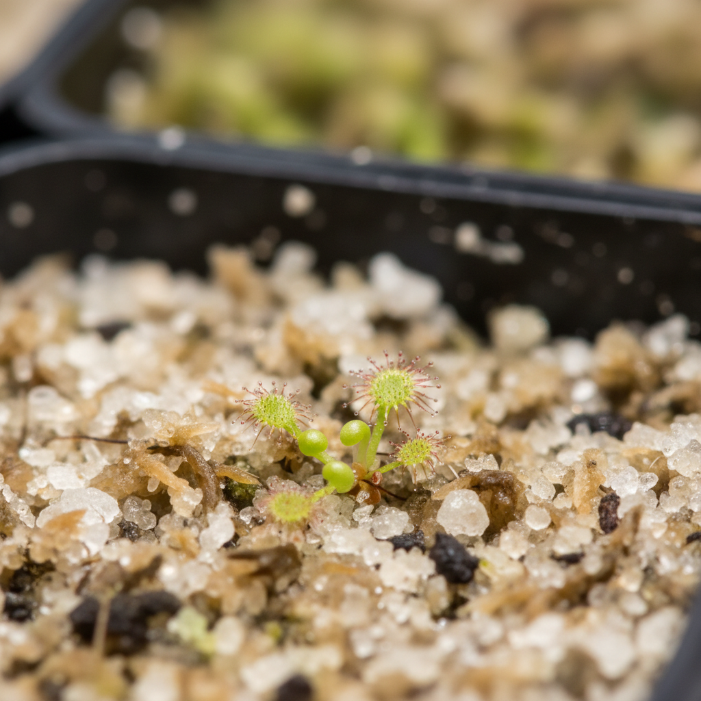 Winzige Drosera-Keimlinge mit ersten runden Blättchen und roten Tentakelspitzen auf feuchtem hellem Torf-Sand-Substrat in einer Aussaatschale
