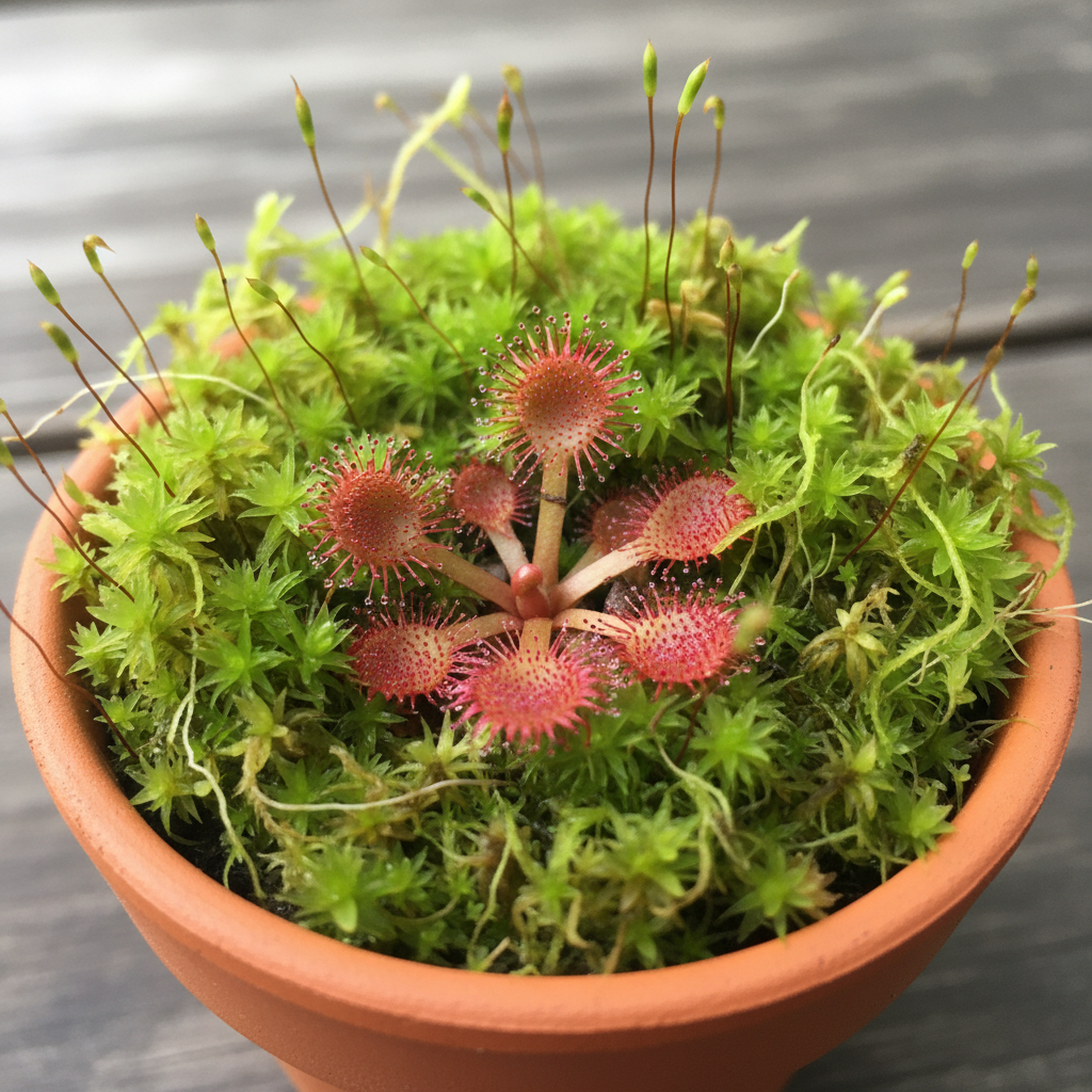 Kleiner rundblättriger Sonnentau mit rot bewimperten Blättern in einem Terrakottatopf, rundherum wächst dichtes grünes Sphagnum bis an die Rosette heran