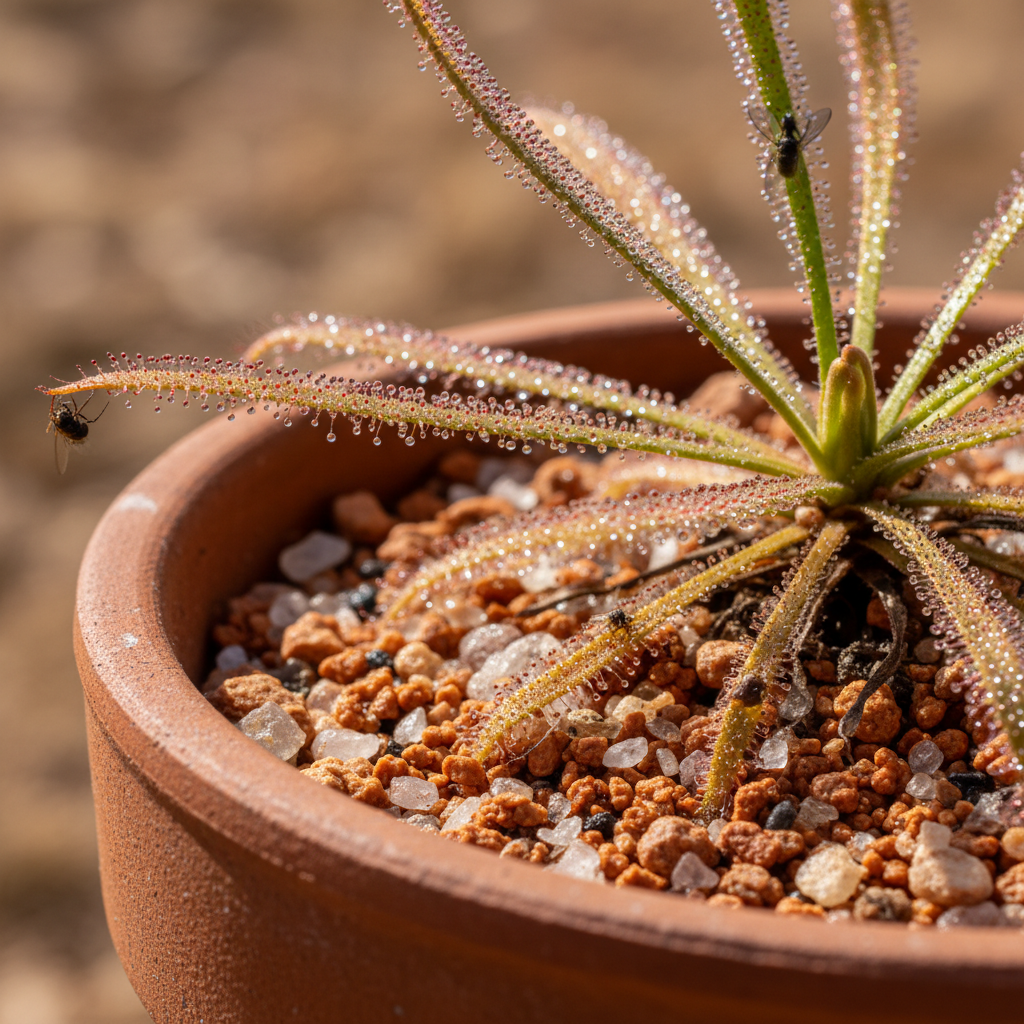 Drosophyllum lusitanicum mit langen, glänzend taubedeckten Fangblättern in einem Topf mit grobem mineralischem Substrat, eine Fliege ist an einem Blatt gefangen