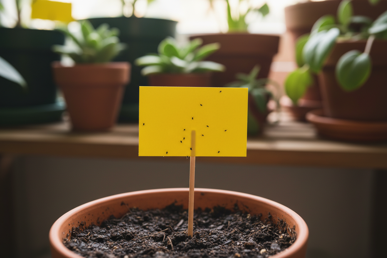 Kleine unbeschriftete gelbe Klebetafel auf einem dünnen Holzstab in der dunklen Erde eines Terrakottatopfs, auf der einige winzige schwarze Mücken kleben, dahinter weitere Töpfe mit Pflanzen