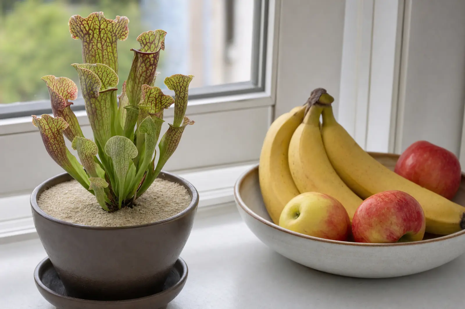 Karnivorentopf mit heller Sandschicht auf dem Substrat und daneben eine Obstschale auf einer Fensterbank