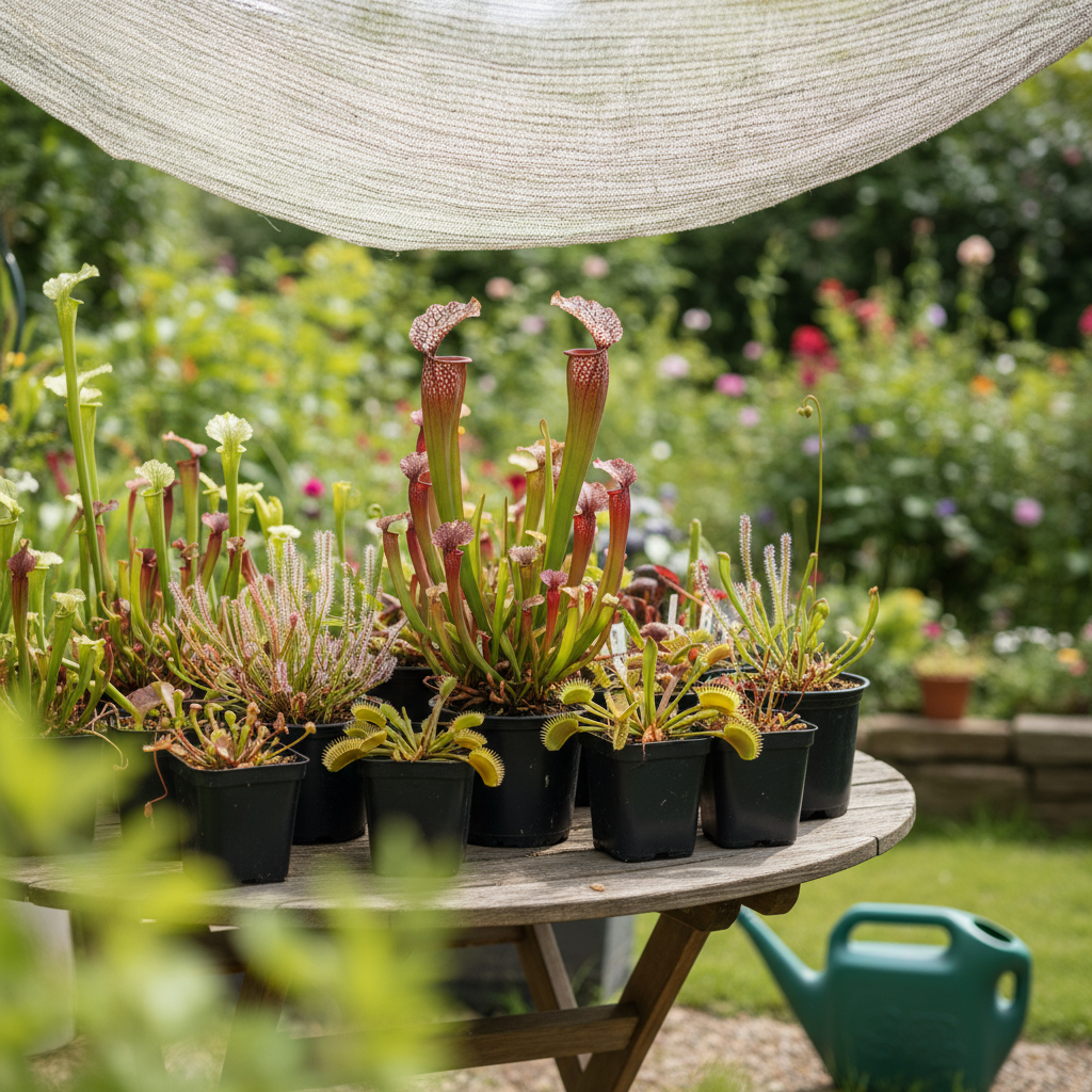 Mehrere Töpfe mit Sarracenia, Venusfliegenfalle und Sonnentau auf einem Gartentisch unter einem hellen Schattiernetz, daneben eine grüne Gießkanne