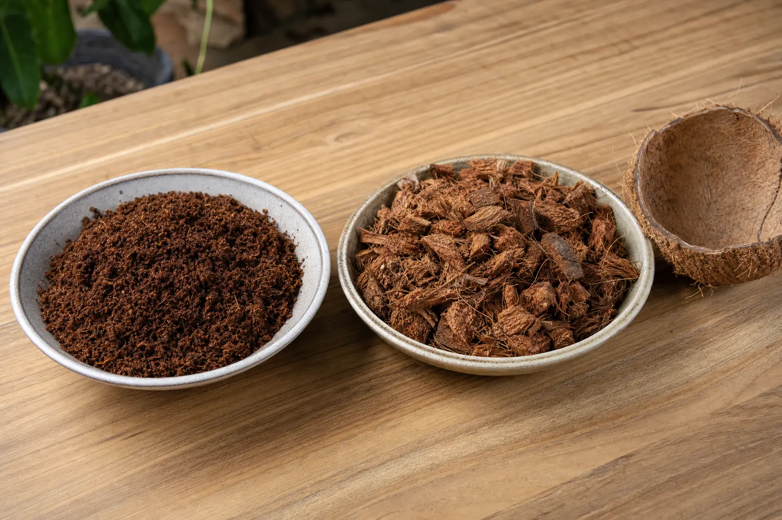 Zwei flache Schalen auf einem Holztisch, eine mit feiner Kokoserde und eine mit groben Kokoschips, daneben eine halbe Kokosnussschale
