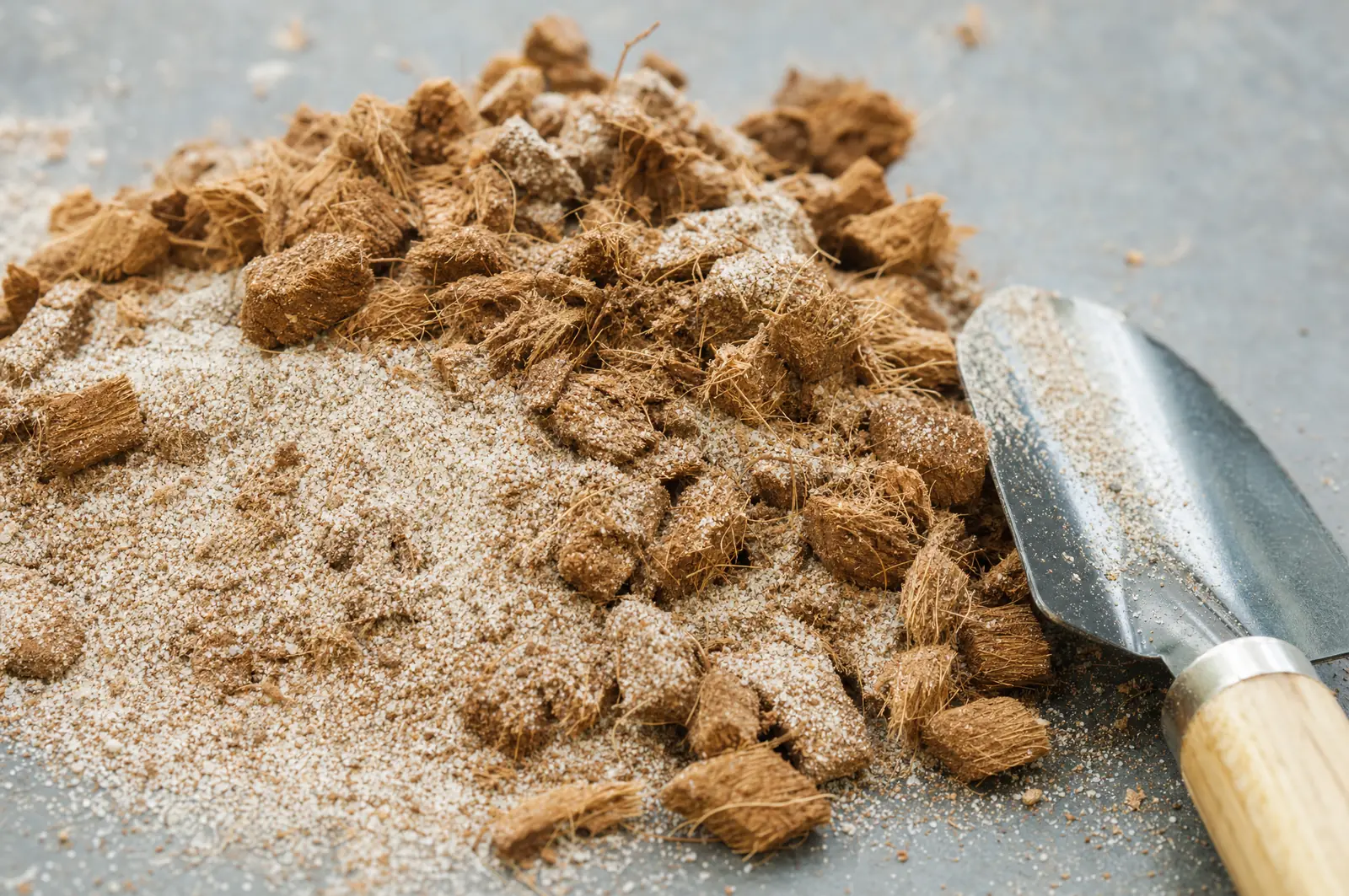 Nahaufnahme einer Mischung aus Kokosfasern, Kokoschips und hellem Sand, daneben eine kleine Handschaufel