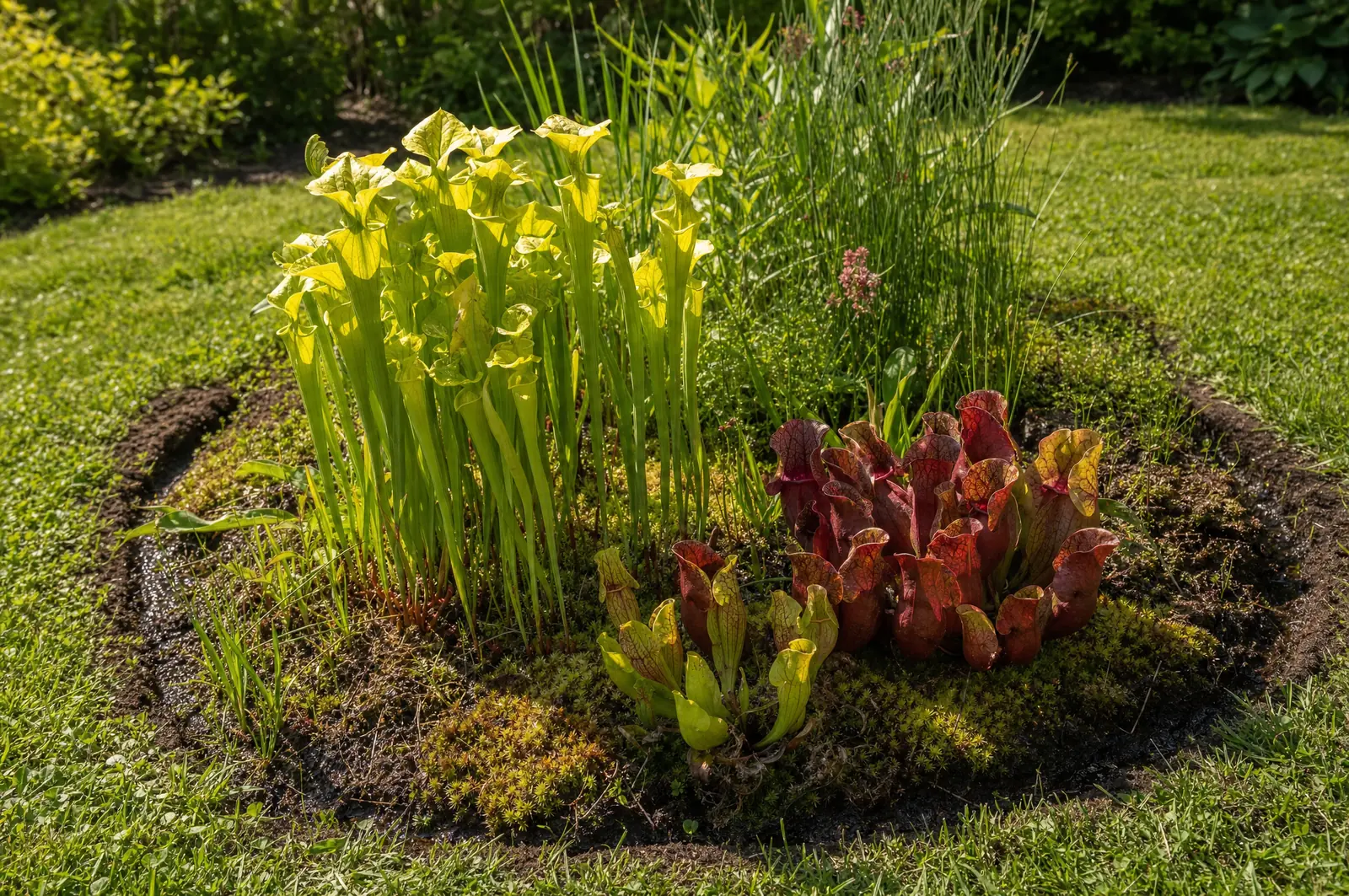 Kleines Moorbeet im Garten mit gelbgrünen und rot geaderten Schlauchpflanzen zwischen Torfmoos