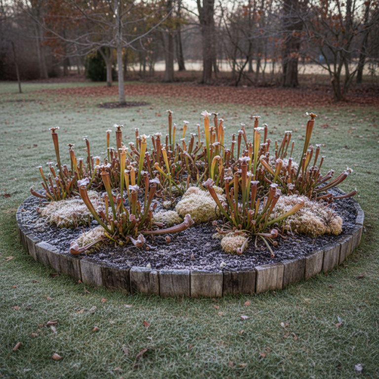 Großes, in den Rasen eingelassenes Moorbeet mit braun gefärbten Sarracenia-Schläuchen und Torfmoos, auf Substrat und Pflanzen liegt Raureif