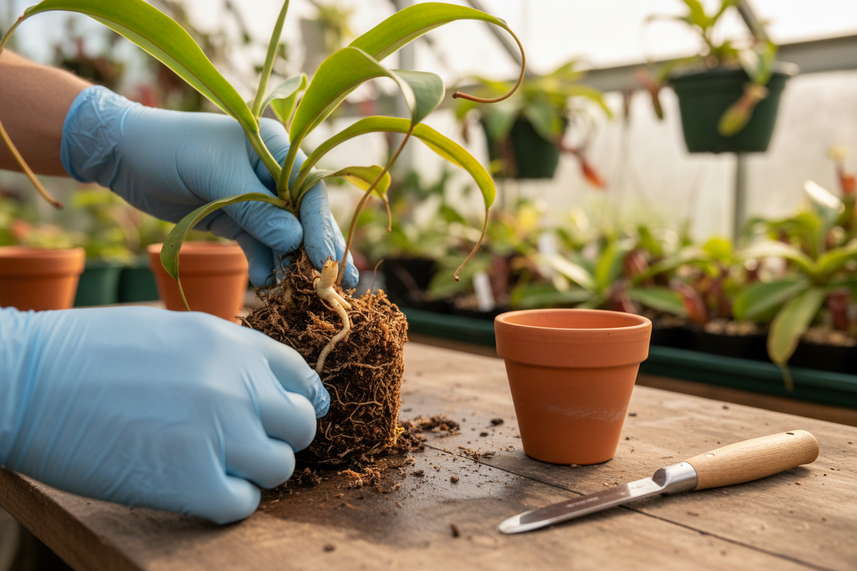 Hände in blauen Handschuhen halten eine Nepenthes mit freigelegtem Wurzelballen, an dessen Basis ein heller Trieb mit Wurzeln sitzt, daneben ein leerer Tontopf und ein Messer auf einem Holztisch
