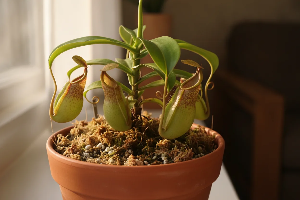 Gesunde Nepenthes-Hybride in einem Terrakottatopf auf einer Fensterbank im weichen Morgenlicht, mit mehreren grün gefleckten, geöffneten Kannen und lockerem Substrat aus Sphagnum und Perlite