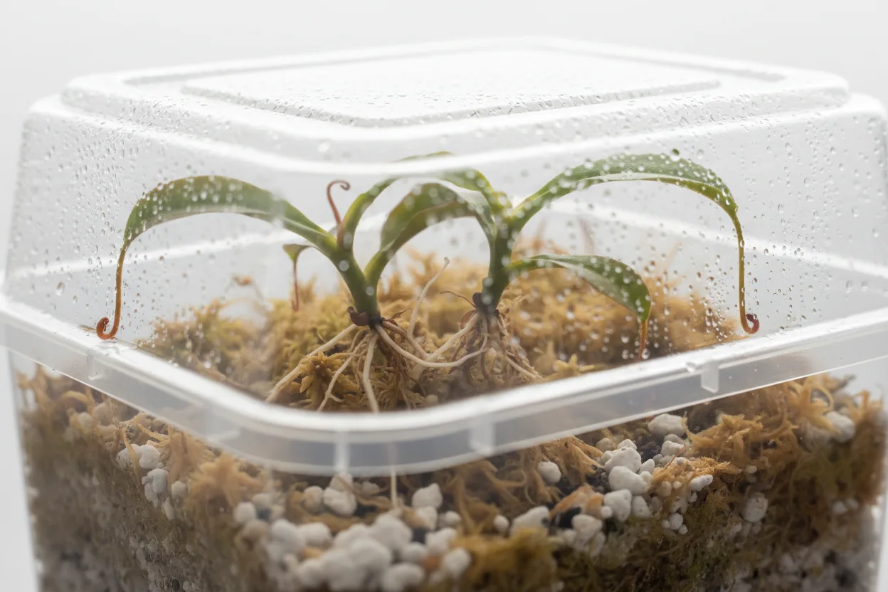 Zwei bewurzelte Nepenthes-Stecklinge in Sphagnum und Perlite in einer durchsichtigen Vermehrungsbox mit Deckel, an dem Kondenswasser perlt