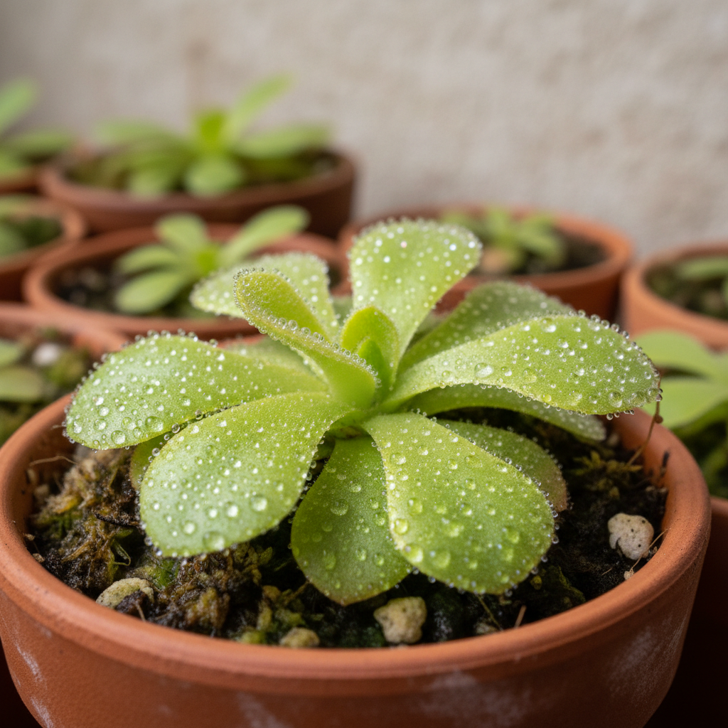 Mexikanische Pinguicula mit breiter, glänzender, taubedeckter Sommerrosette aus klebrigen Fangblättern im Topf