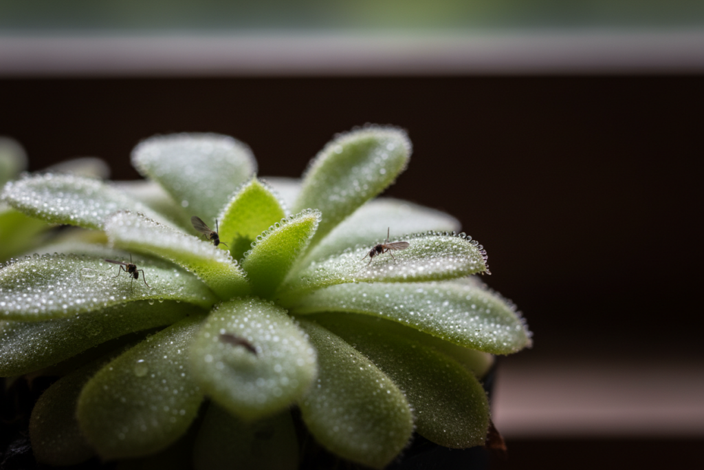 Rosette einer Pinguicula mit glitzernden Drüsentropfen auf den Blättern, auf denen mehrere kleine dunkle Trauermücken kleben