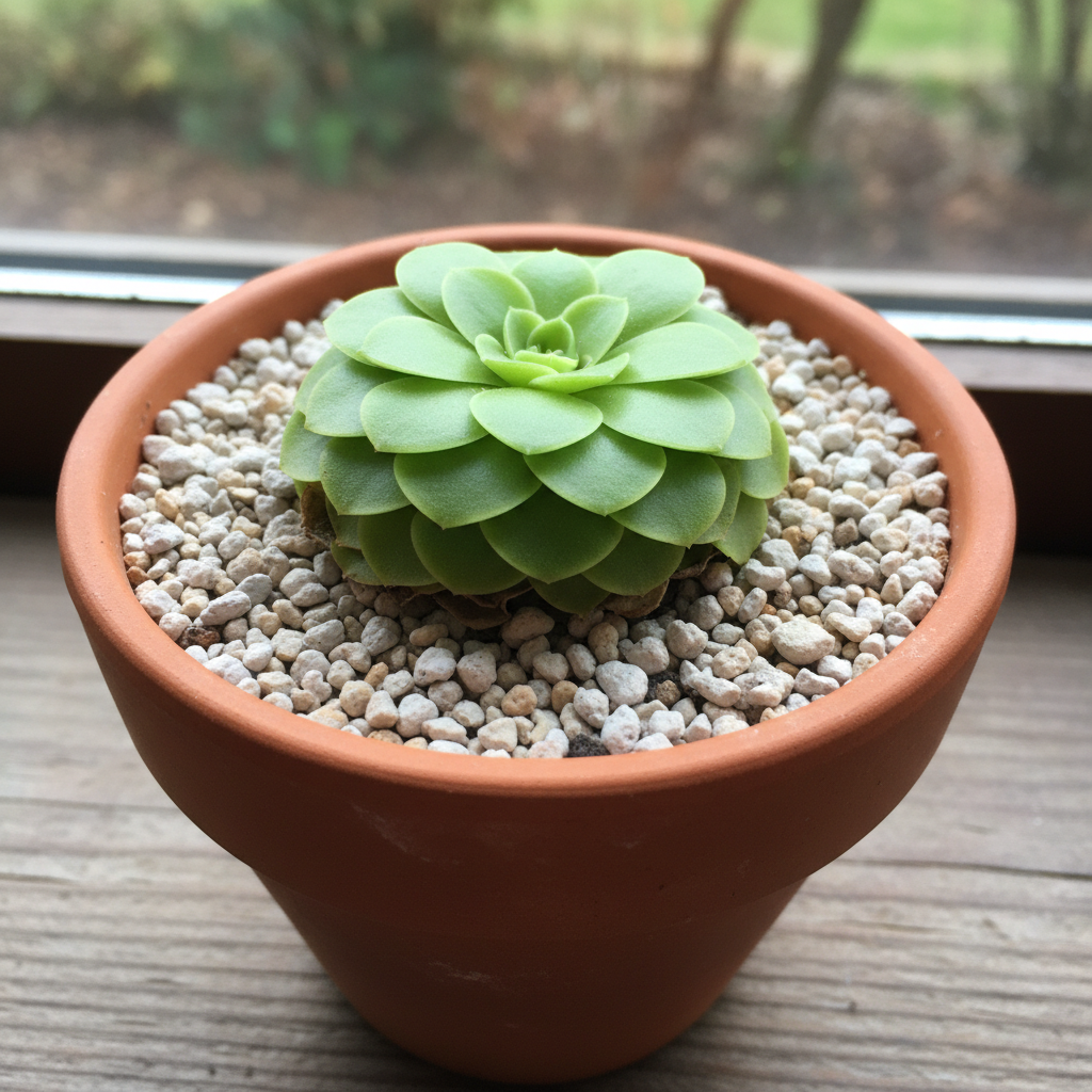 Mexikanische Pinguicula mit kompakter, fleischiger, nicht klebriger Winterrosette aus kleinen Blättern im mineralischen Substrat