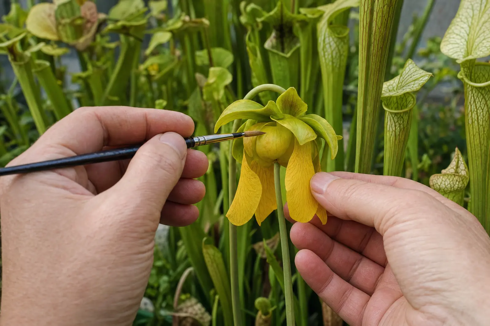 Handbestäubung einer Sarracenia-Blüte mit einem feinen Pinsel