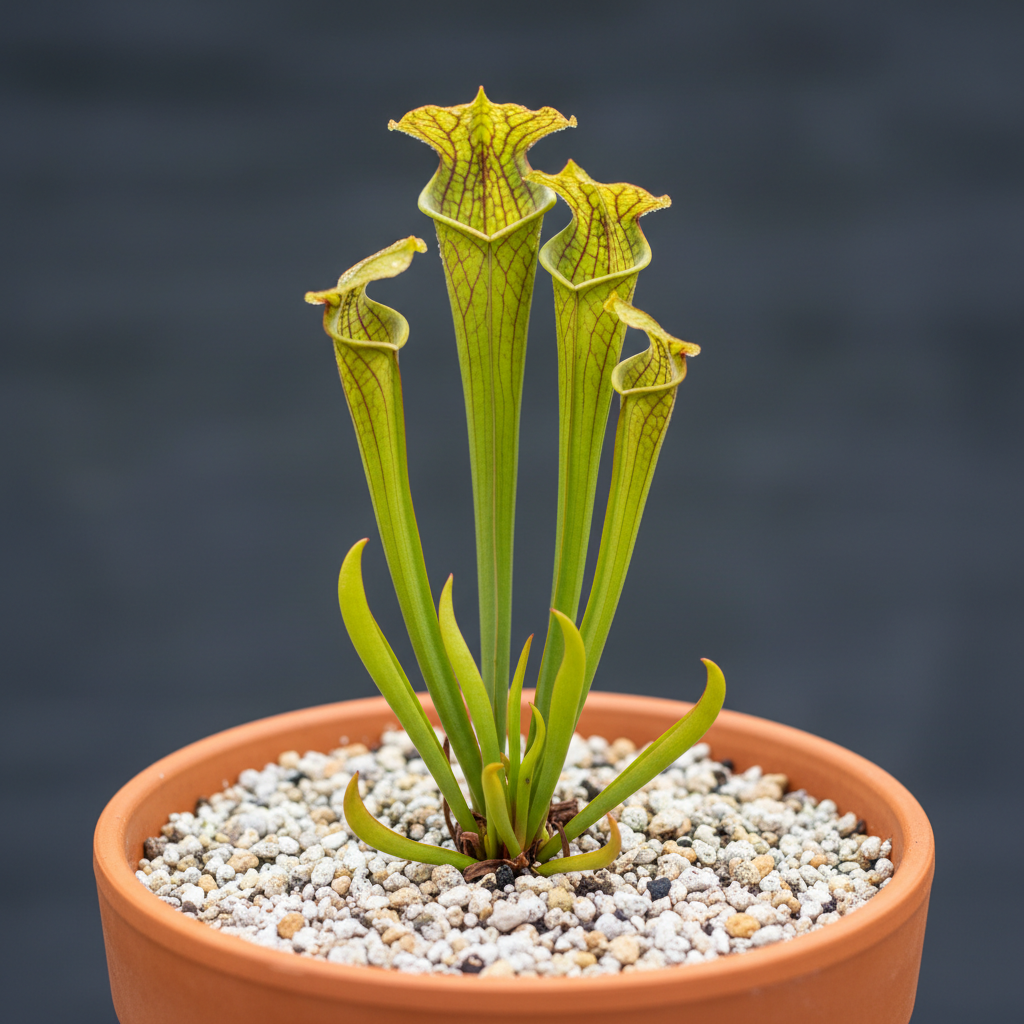 Sarracenia flava im Topf mit mehreren aufrechten Fangschläuchen und davor schmalen, flachen grünen Phyllodien ohne Schlauchöffnung