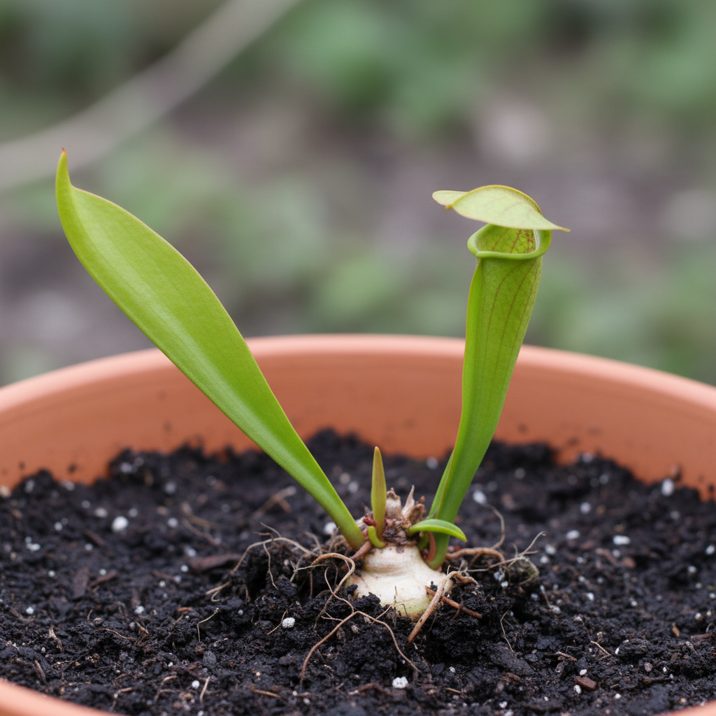 Gesundes helles Sarracenia-Rhizom im Topf mit einem flachen grünen Phyllodium und daneben einem kleinen geschlossenen Fangschlauch