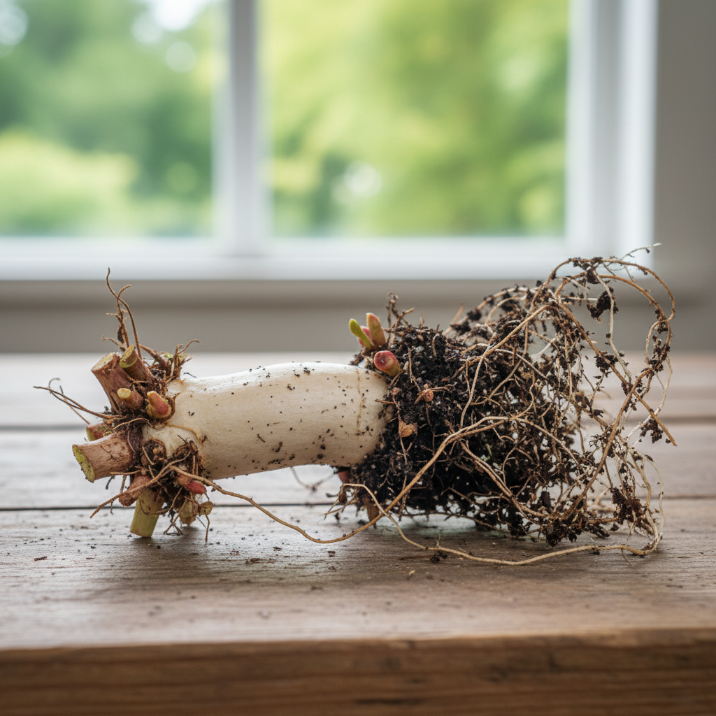 Aus dem Topf genommenes, helles Sarracenia-Rhizom mit mehreren kleinen Wachstumspunkten, Wurzeln und anhaftendem dunklem Substrat auf einem Holztisch