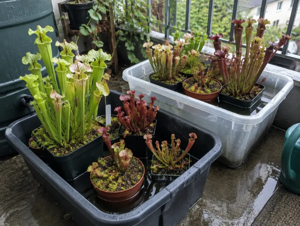 Mehrere getopfte Sarracenia mit grünen und rötlichen Schläuchen stehen auf einem Balkon in schwarzen und durchsichtigen Wannen mit flachem Regenwasser, links eine Regentonne
