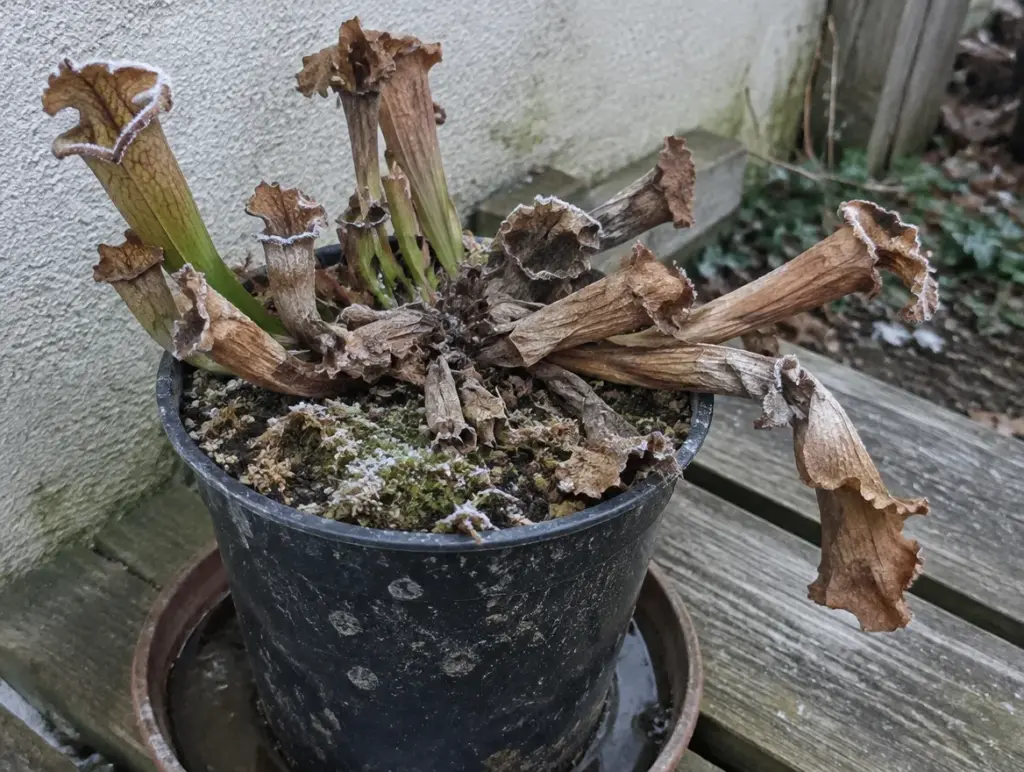 Sarracenia in schwarzem Kunststofftopf im Winter, die meisten Schläuche braun und eingetrocknet, dünner Reif auf Substrat und Schlauchrändern, der Topf steht im Untersetzer auf einer Holzbank