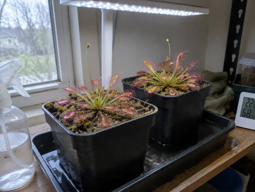 Zwei schwarze Töpfe mit Sonnentau-Rosetten voller roter Klebetropfen stehen in einer Wasserschale unter einer weißen LED-Pflanzenlampe auf einem Regal am Fenster, daneben eine Sprühflasche und ein Thermo-Hygrometer