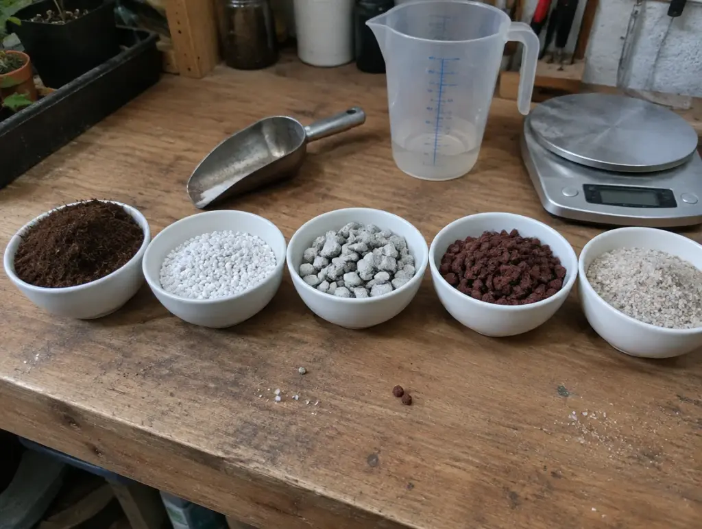 Fünf weiße Keramikschalen auf einer Holzwerkbank mit braunem Torf, weißem Perlit, grauem Bims, rötlichem Lavagranulat und hellem Quarzsand, daneben eine Metallschaufel, ein Messbecher und eine Küchenwaage