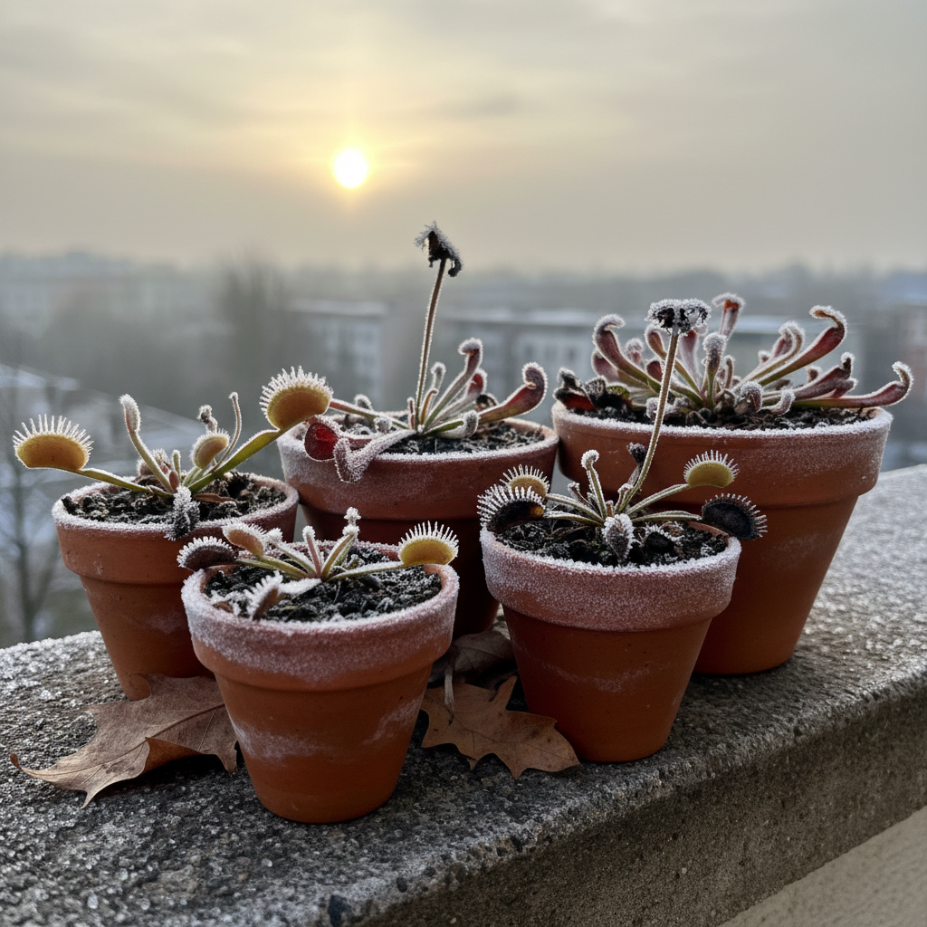Mehrere kleine Terrakottatöpfe mit Karnivoren auf einer Balkonbrüstung, Reif auf Substrat und Topfrändern, tiefstehende Wintersonne im Hintergrund