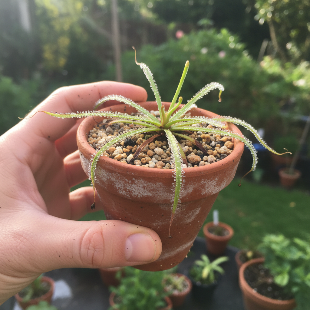 Eine Hand hebt einen Terrakottatopf mit einer jungen Drosophyllum lusitanicum an, um das Gewicht und damit die Wasserreserve einzuschätzen