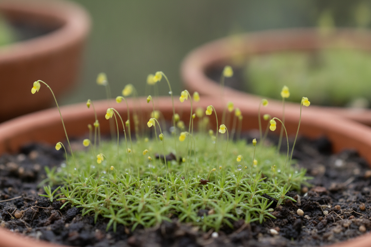 Nahaufnahme einer terrestrischen Utricularia im Topf, aus deren Teppich aus winzigen grasartigen Blättern viele sehr dünne Stiele mit kleinen gelben Blüten ragen