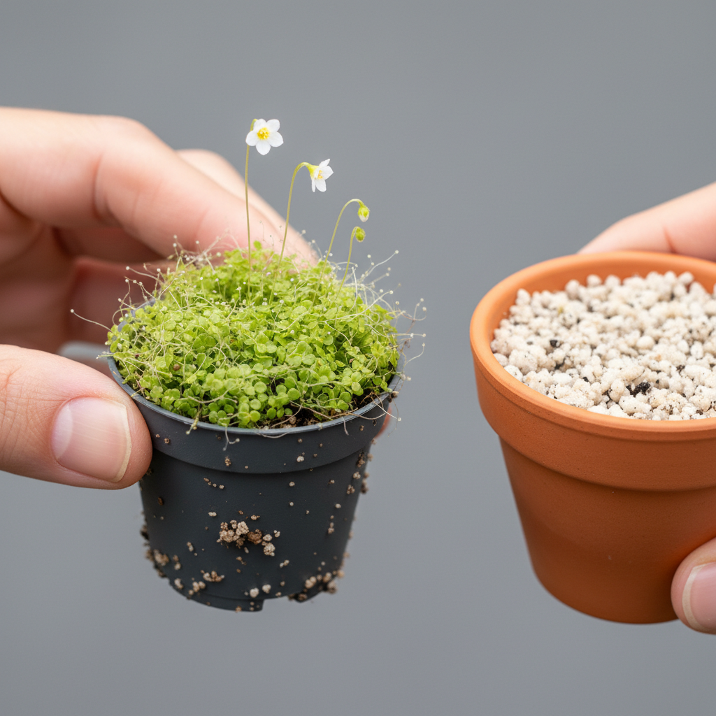 Hand hält einen kleinen Utricularia-Teppich mit feinen Sprossen neben einem Terrakottatopf mit frischem, hellem Substrat